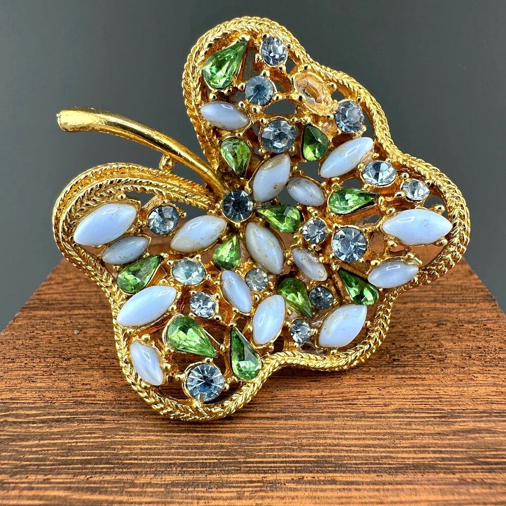Vintage Rhinestone Brooch Clover Leaf Pin Blue Green Gold Tone Signed ART READ